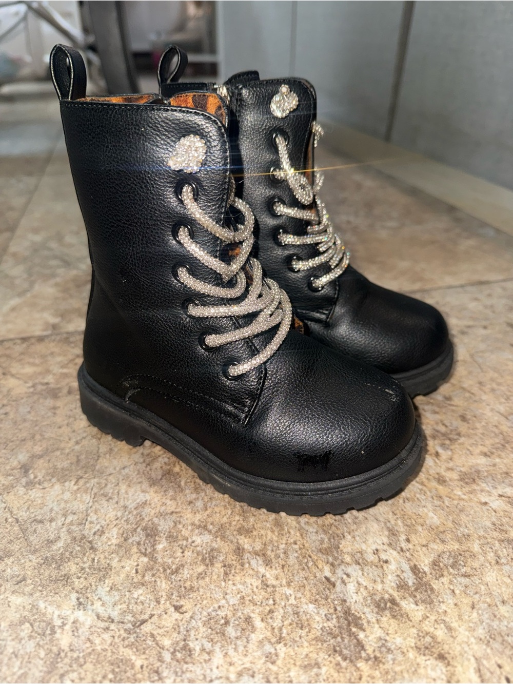 bebe Black Kids Lace-Up Combat Boots with Sparkle Laces